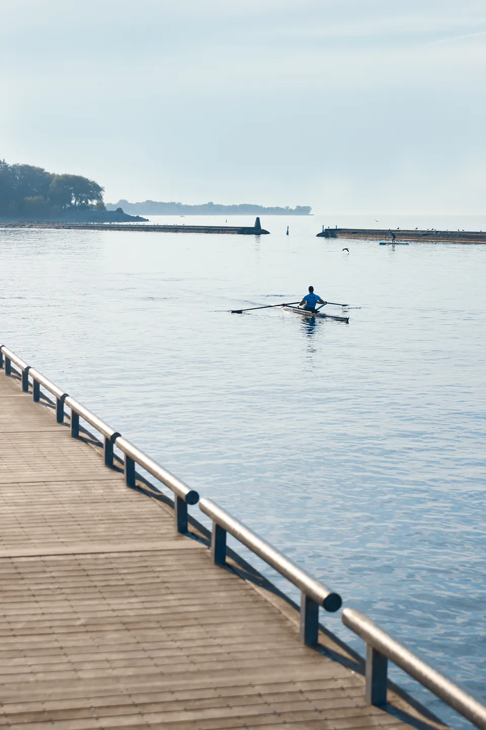 Boardwalk along the Lake Ontario shoreline at dawn with a rower on the water