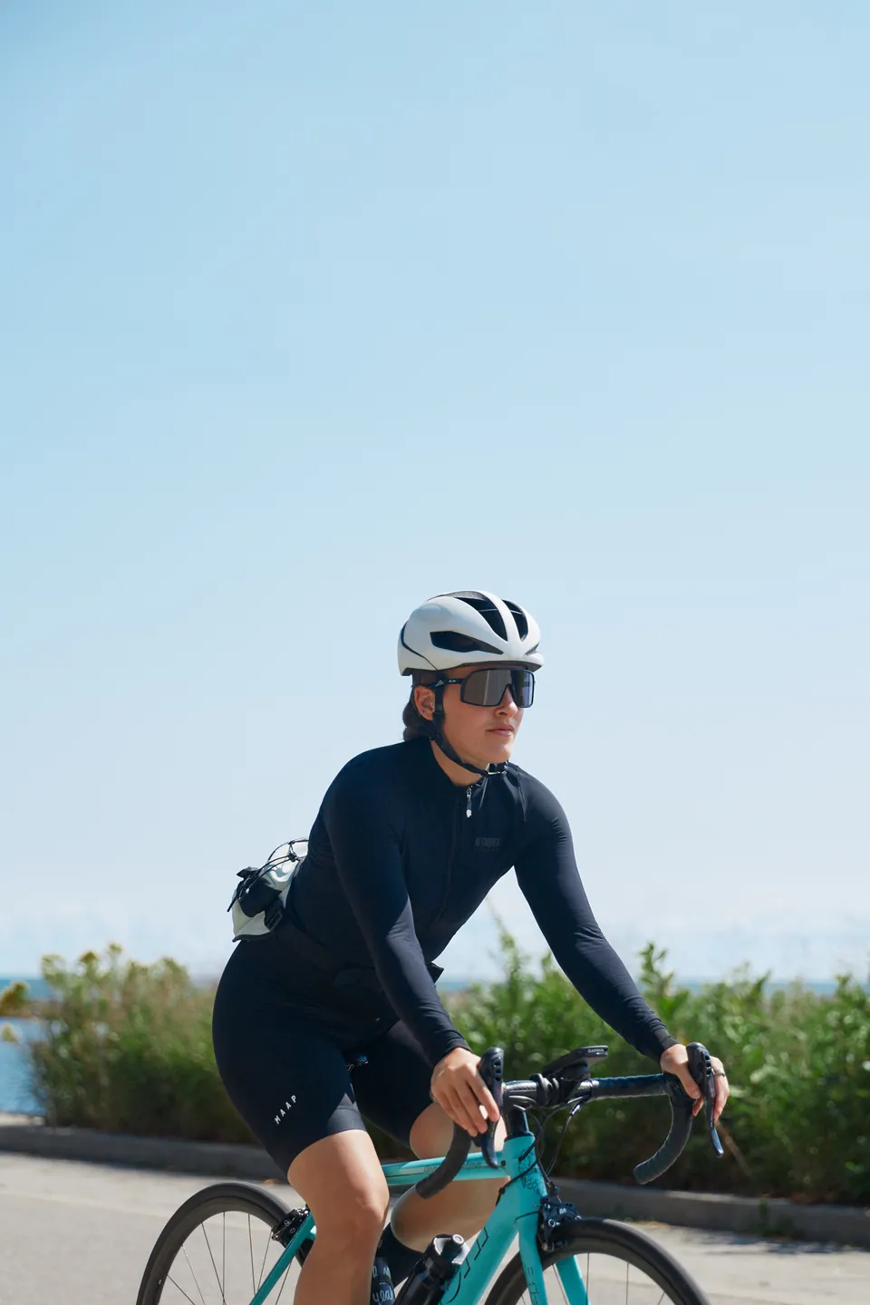 A cyclist riding the lakeshore bike lane