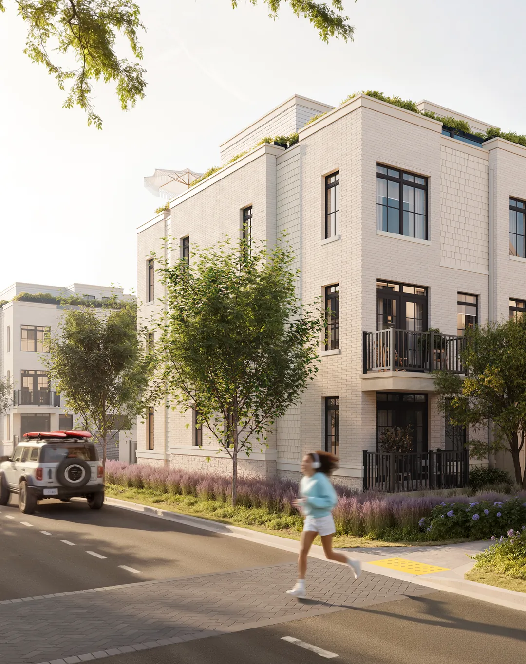 Exterior of the South Banks townhomes in light brick