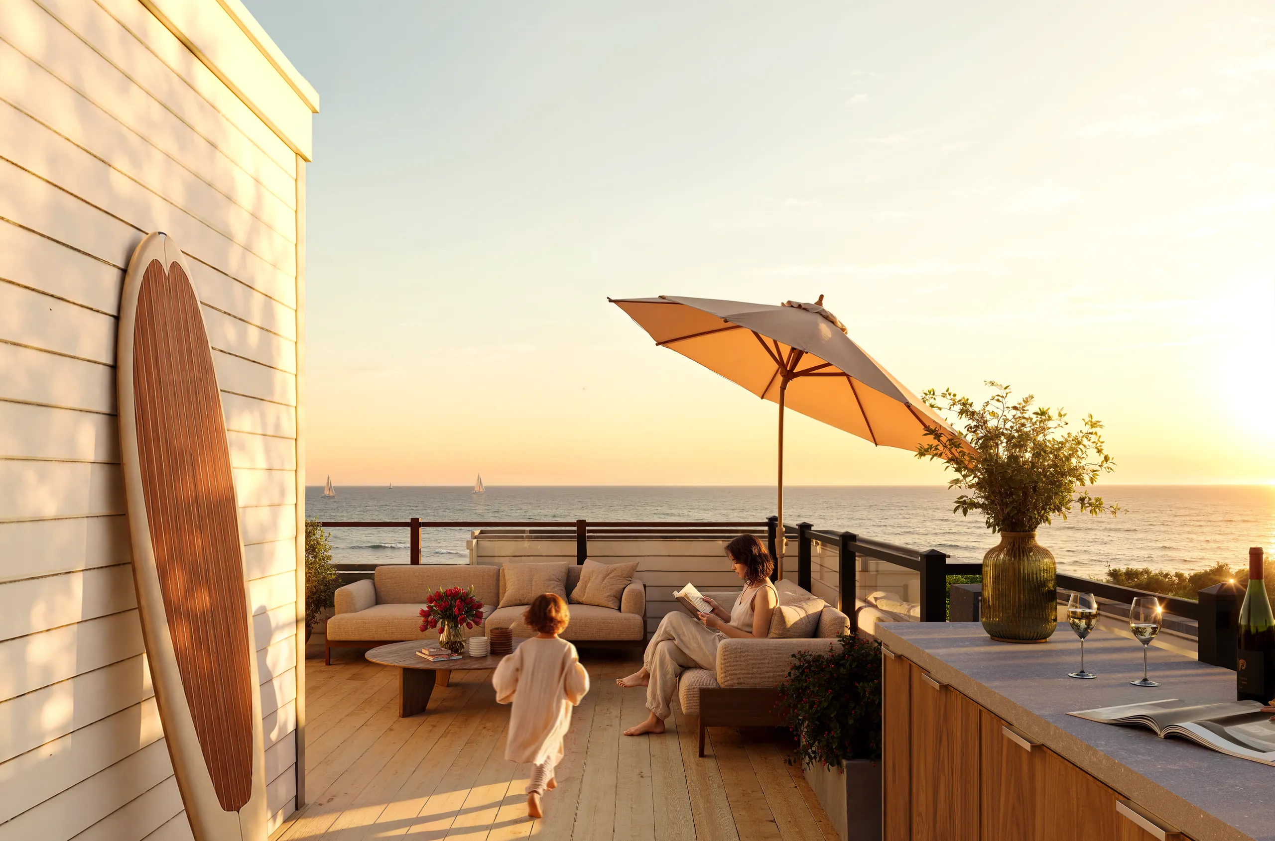 Rooftop terrace with lounge seating, dining and an outdoor kitchen at sunset