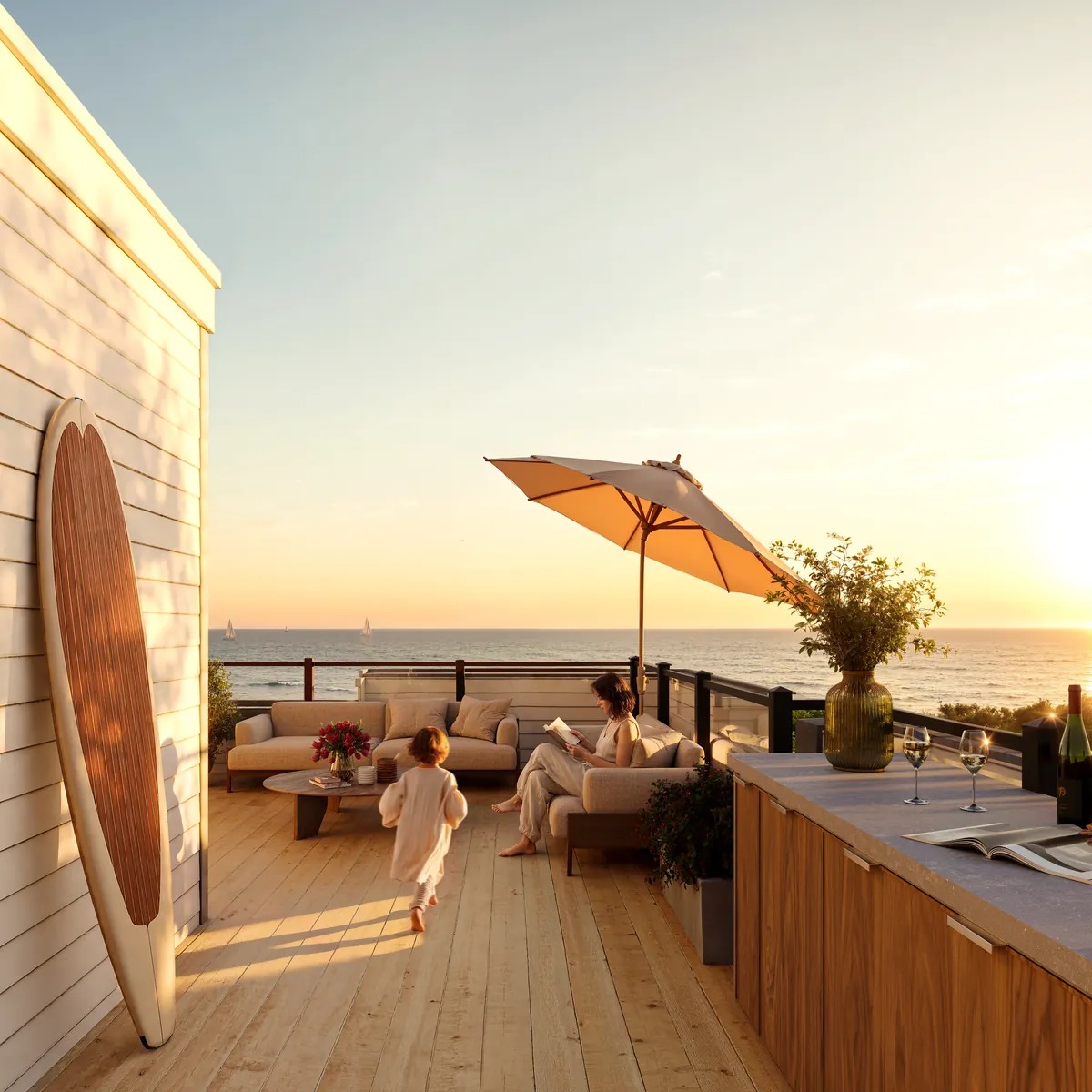 Rooftop terrace at sunset with lounge seating and Lake Ontario beyond